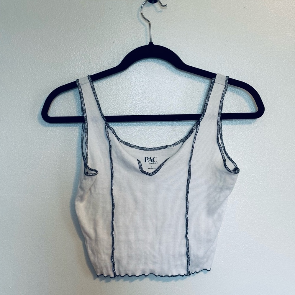 PAC white ribbed tank top cropped with black stitching size small